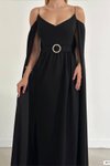 Askılı Siyah Omuz Açık Detay Pelerin Kol Kendinden Kemerli İthal Krep Kumaş Uzun Abiye Elbise
