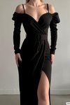 Askılı Siyah Omuz Detay Uzun Kol Yırtmaç İthal Krep Kumaş Kemerli Abiye Elbise