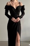 Askılı Siyah Omuz Detay Uzun Kol Yırtmaç İthal Krep Kumaş Kemerli Abiye Elbise