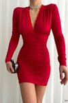 Kırmızı Uzun Kol Dantel Detay Büzgülü Sandy Kumaş Mini Elbise