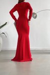 Kırmızı V Yaka Uzun Kol Yırtmaç Detay İthal Krep Kumaş Abiye Elbise