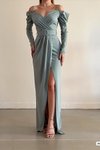 Mint Omuz Detay Uzun Kol Yırtmaç İthal Krep Kumaş Kemerli Abiye Elbise