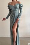 Mint Omuz Detay Uzun Kol Yırtmaç İthal Krep Kumaş Kemerli Abiye Elbise