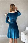 Petrol Mavisi Kruvaze Yaka Uzun Kol Basic Kadife Kumaş Mini Kloş Elbise