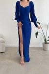 Saks Mavisi Balon Kol Yırtmaç Detay İthal Krep Kumaş Uzun Abiye Elbise