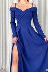 Saks Mavisi İnce Askılı Uzun Kol Yırtmaç Detay İthal Krep Kumaş Abiye Elbise
