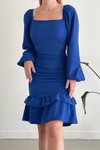 Saks Mavisi Kare Yaka Uzun Kol Büzgü Detay Eteği Katlı Midi Elbise
