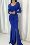 Saks Mavisi V Yaka Uzun Kol Yırtmaç Detay İthal Krep Kumaş Abiye Elbise