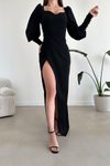 Siyah Balon Kol Yırtmaç Detay İthal Krep Kumaş Uzun Abiye Elbise