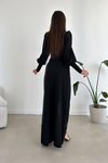 Siyah Balon Kol Yırtmaç Detay İthal Krep Kumaş Uzun Abiye Elbise