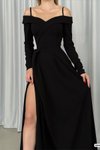 Siyah İnce Askılı Uzun Kol Yırtmaç Detay İthal Krep Kumaş Abiye Elbise