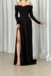 Siyah İnce Askılı Uzun Kol Yırtmaç Detay İthal Krep Kumaş Abiye Elbise