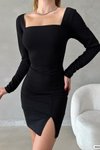 Siyah Kare Yaka Uzun Kol Yırtmaç Detay İthal Krep Kumaş Mini Elbise