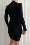 Siyah Uzun Kol Dantel Detay Büzgülü Sandy Kumaş Mini Elbise