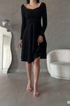 Siyah Uzun Kol Düğme Detay Midi Boy İthal Krep Kumaş Elbise