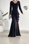 Siyah V Yaka Uzun Kol Yırtmaç Detay İthal Krep Kumaş Abiye Elbise