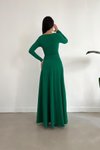 Yeşil Kruvaze Yaka Uzun Kol Yırtmaç Detay İthal Krep Kumaş Basic Abiye Elbise