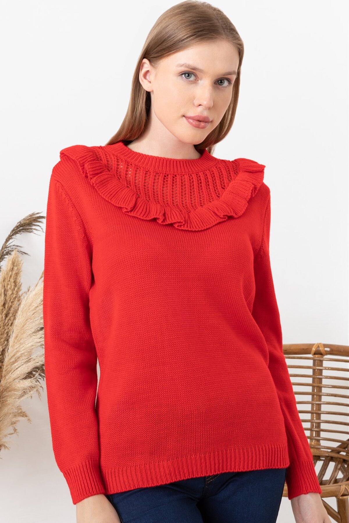 Kırmızı Omuz Askı Detaylı Triko Kazak - AQE FASHION