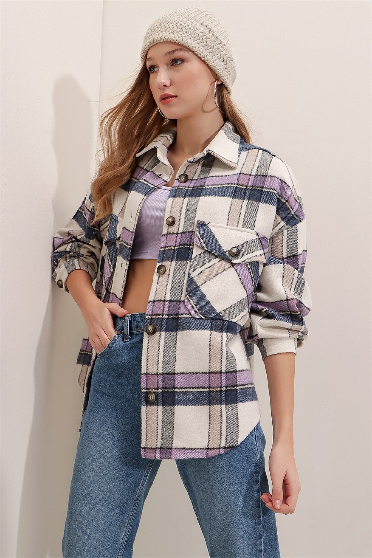 Lila Ekoseli Cepli Gömlek - AQE FASHION