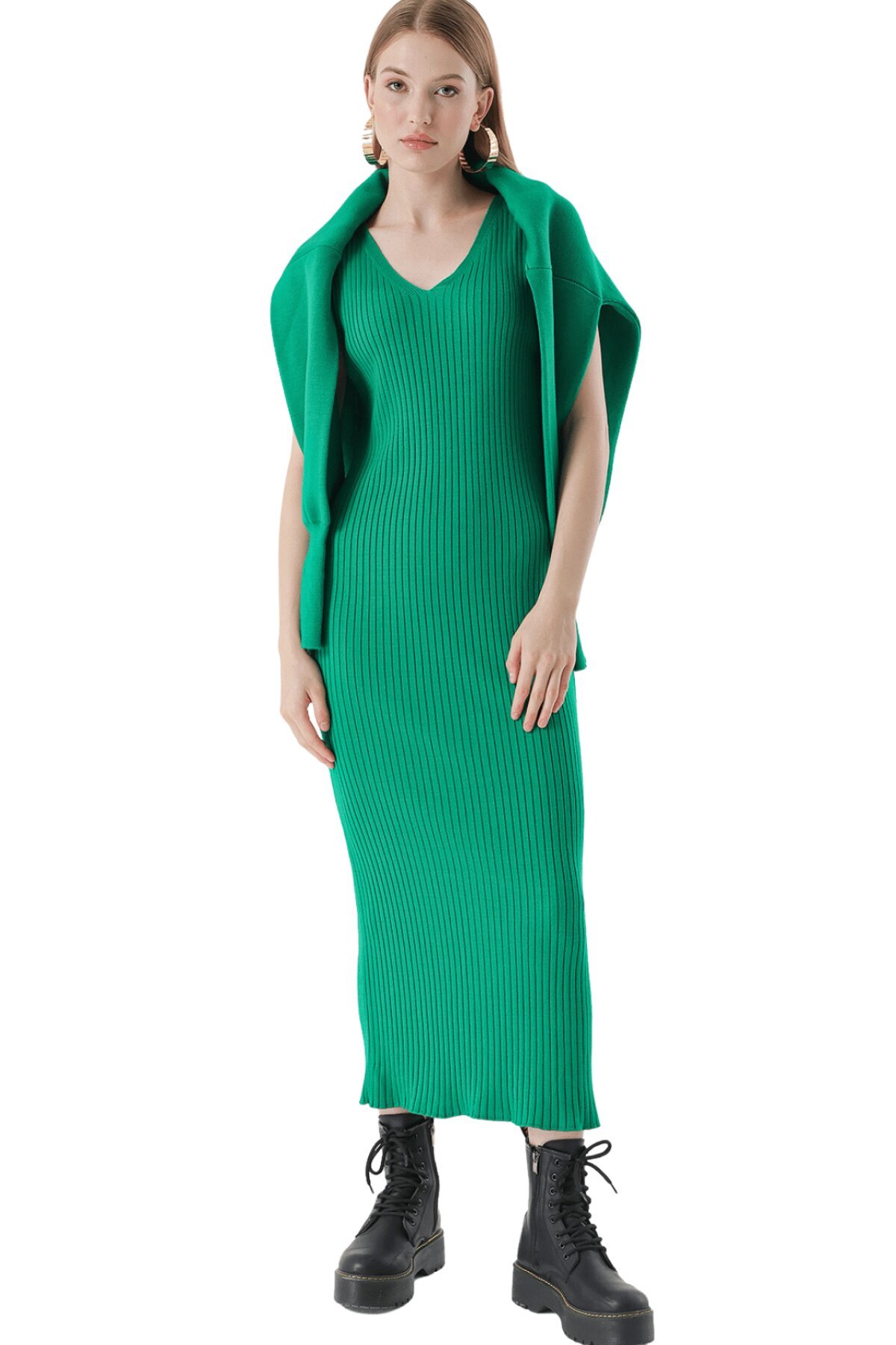 Butik Buruç Yeşil Ve Kazak İkili Takım Uzun Triko Elbise