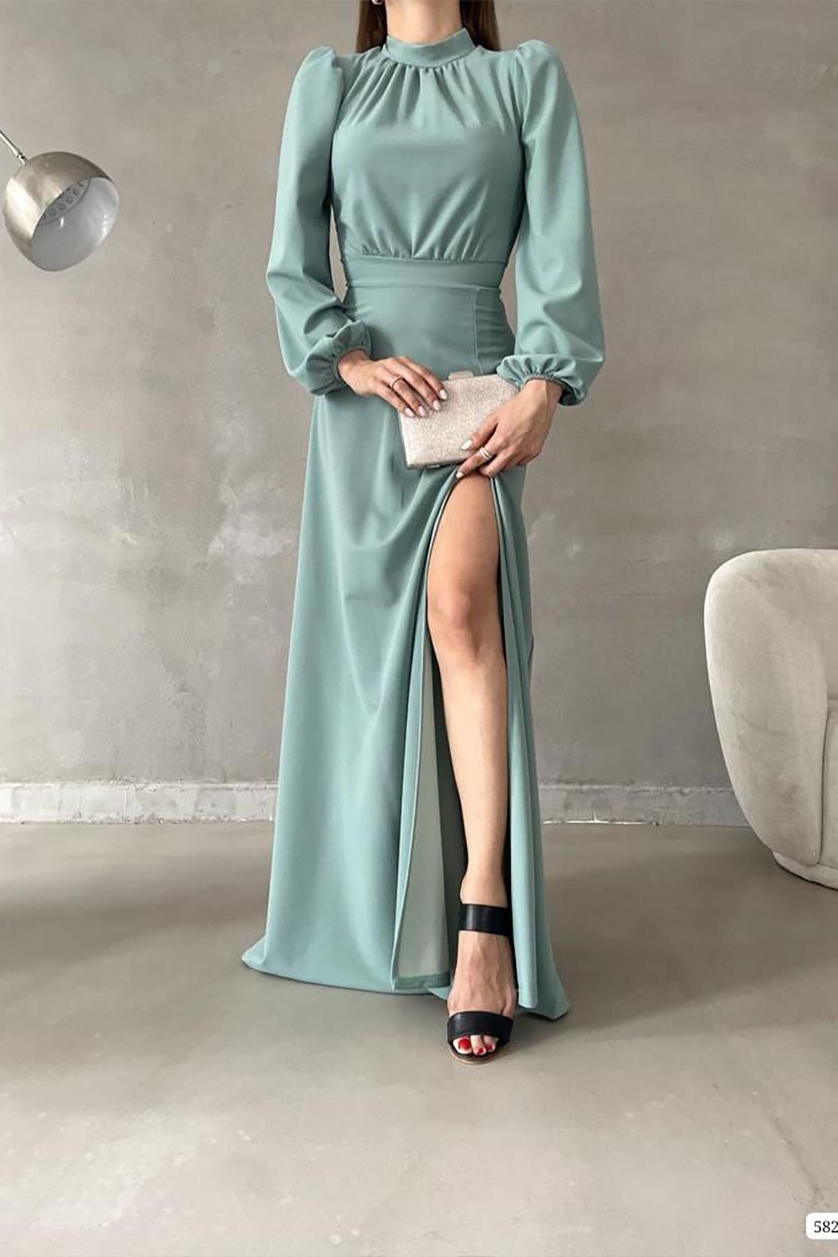 Deafox Mint Uzun Kol Yırtmaçlı İthal Krep Kumaş Abiye Elbise