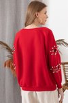 Kırmızı Kolu Kesik Inci Detaylı Sweatshirt