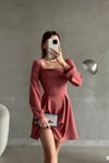 Gül Kurusu Kare Yaka Uzun Kol İthal Krep Kumaş Basic Mini Elbise