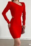 Kırmızı Bel Dekolte Detay Uzun Kol İthal Krep Kumaş Vatkalı Mini Elbise