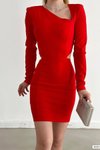 Kırmızı Bel Dekolte Detay Uzun Kol İthal Krep Kumaş Vatkalı Mini Elbise