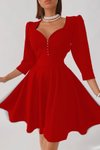 Kırmızı Düğme Detay İthal Krep Kumaş Uzun Kol Midi Kloş Elbise