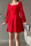 Kırmızı Kare Yaka Uzun Kol İthal Krep Kumaş Basic Mini Elbise