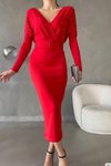 Kırmızı Kemerli Scuba Kumaş İnci Detaylı Uzun Kol Midi Elbise