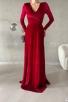 Kırmızı Kruvaze Yaka Uzun Kol Yırtmaç Detay Kadife Kumaş Abiye Elbise