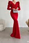 Kırmızı Omuzları Volan Detay Uzun Kol Kuşaklı İthal Krep Kumaş Abiye Elbise