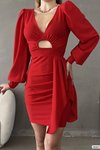 Kırmızı V Yaka Uzun Kol İthal Krep Kumaş Bel Dekolte Detay Mini Elbise