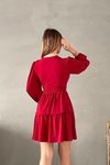 Kırmızı V Yaka Uzun Kol Sandy Kumaş Katlamalı Mini Elbise