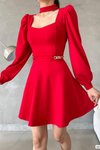 Kırmızı Zincir Detay Pencere Yaka İthal Krep Kumaş Uzun Kol Mini Elbise