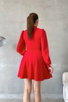 Kırmızı Zincir Detay Pencere Yaka İthal Krep Kumaş Uzun Kol Mini Elbise
