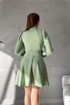 Mint Zincir Detay Pencere Yaka İthal Krep Kumaş Uzun Kol Mini Elbise
