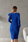 Saks Mavisi Kruvaze Yaka Fırfır Detay Uzun Kollu Krep Kumaş Midi Elbise