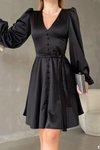 Siyah Balon Kol Düğme Detay Kuşaklı Uzun Saten Mini Elbise
