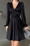 Siyah Balon Kol Düğme Detay Kuşaklı Uzun Saten Mini Elbise