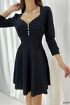 Siyah Düğme Detay İthal Krep Kumaş Uzun Kol Midi Kloş Elbise