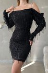 Siyah İnce Askılı Omuz Detay Uzun Kol Astarlı Pul Payet Mini Abiye Elbise