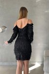 Siyah İnce Askılı Omuz Detay Uzun Kol Astarlı Pul Payet Mini Abiye Elbise