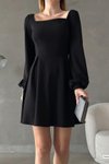 Siyah Kare Yaka Uzun Kol İthal Krep Kumaş Basic Mini Elbise
