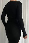 Siyah Kare Yaka Yırtmaç Detay Uzun Kol Mini Triko Elbise
