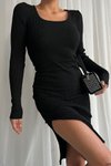 Siyah Kare Yaka Yırtmaç Detay Uzun Kol Mini Triko Elbise