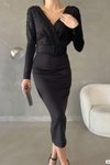 Siyah Kemerli Scuba Kumaş İnci Detaylı Uzun Kol Midi Elbise