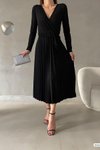 Siyah Kruvaze Yaka Uzun Kol Krep Kumaş Pliseli Kemerli Elbise